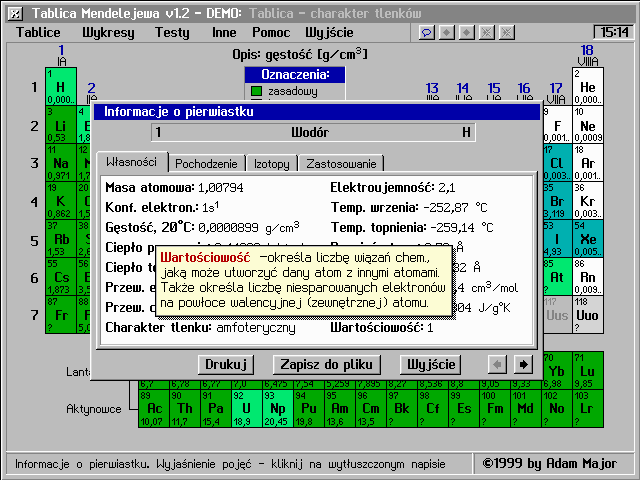 tm01.gif (30KB): Okno Informacje o pierwiastkach na tle tablicy charakter: tlenkw